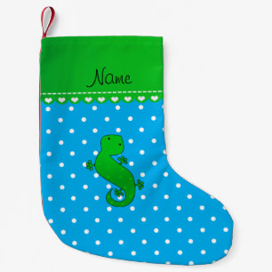 Personlig namn gecko blue polka dots liten julstrumpa