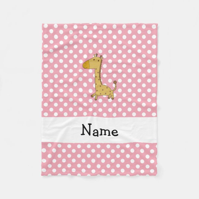 Personlig namn giraffe rosa polka dots fleecefilt (Framsidan)