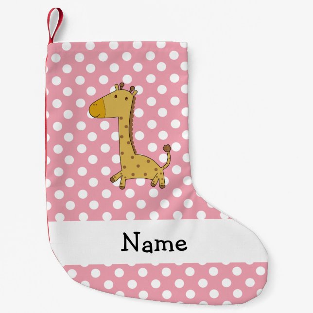 Personlig namn giraffe rosa polka dots liten julstrumpa (Framsidan)