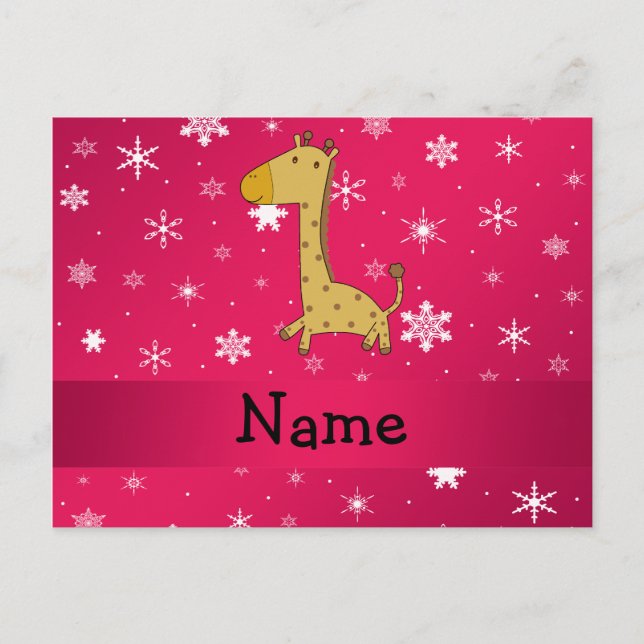 Personlig namn giraffe rosa snöflingor vykort (Framsida)