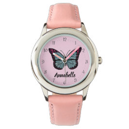 Personlig Namn Glitter Butterfly Rosa Kids Armbandsur