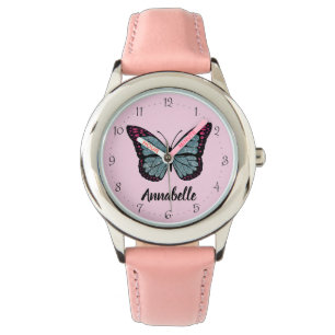Personlig Namn Glitter Butterfly Rosa Kids Armbandsur