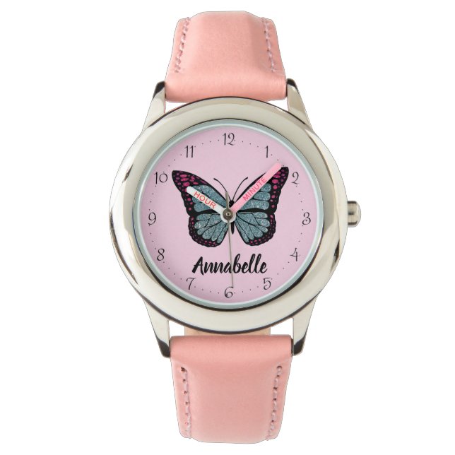 Personlig Namn Glitter Butterfly Rosa Kids Armbandsur (Framsida)
