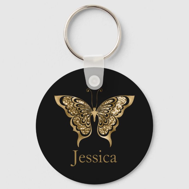 Personlig Namn Glitter Golden Butterfly Nyckelring (Framsida)
