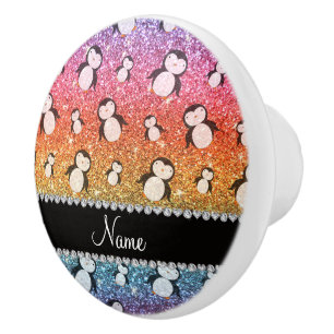 Personlig namn, glitter penguiner med ljusa regnbå knopp