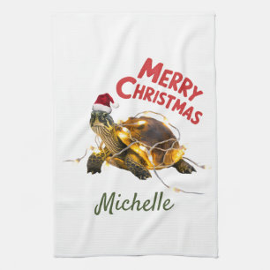 Personlig Namn God jul Turtle i Santa i Santa Kökshandduk
