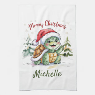 Personlig Namn God jul Turtle i Santa i Santa Kökshandduk