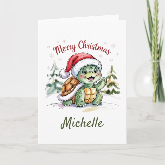 Personlig Namn God jul Turtle i Santa i Santa Kort (Framsida)
