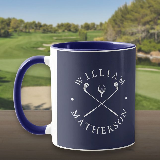 Personlig Namn Golf-Klubbar, marinblått och vitt Mugg (Personalized Name Golf Clubs Navy Blue And White Mug)