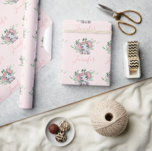Personlig Namn Greenery Elephant Flicka Rosa Presentpapper