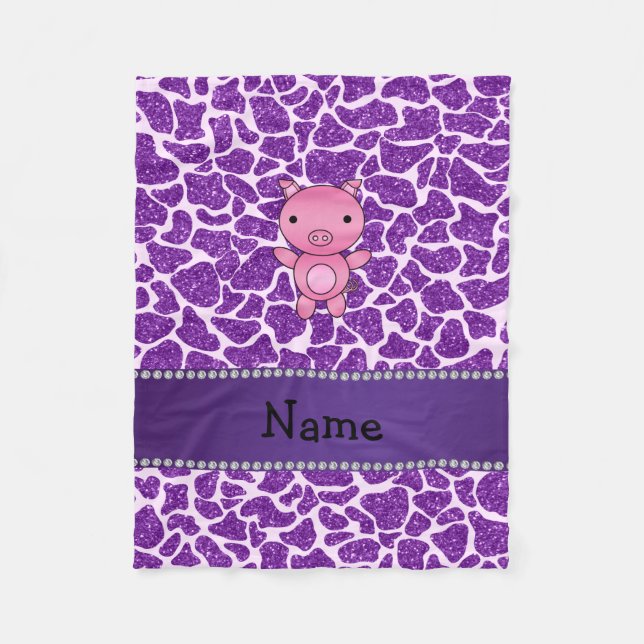 Personlig namn gris lila glitter giraffe fleecefilt (Framsidan)
