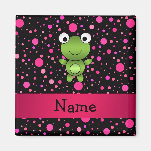 Personlig namn groda rosa polka dots magnet (Framsidan)