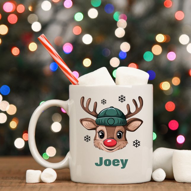 Personlig Namn, Grönt Beanie, julrenar Kaffemugg (Personalized Name Christmas Reindeer Green Beanie Coffee Mug
)