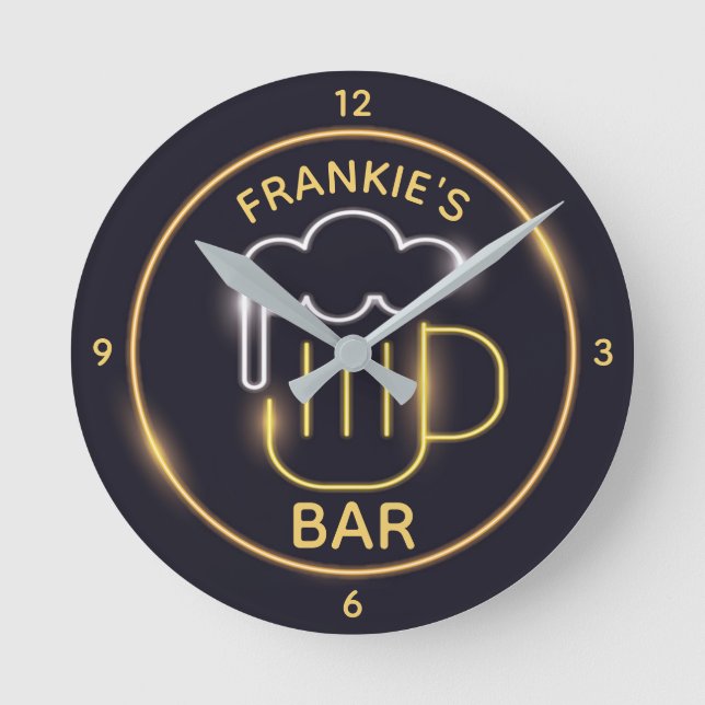 Personlig NAMN, grottan Neon Pub Rund Klocka (Framsida)