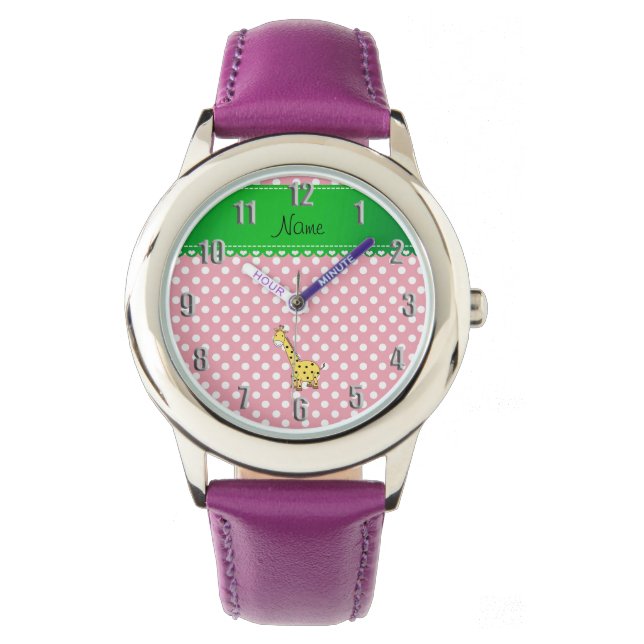 Personlig namn gult giraffe rosa polka dots armbandsur (Framsida)