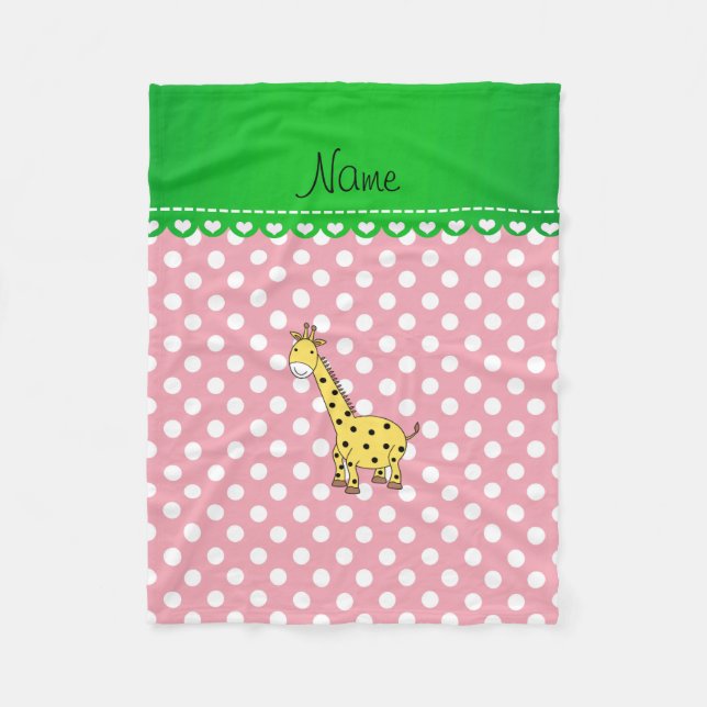 Personlig namn gult giraffe rosa polka dots fleecefilt (Framsidan)