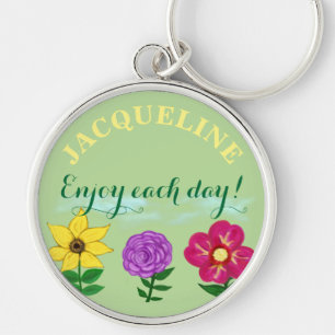 Personlig Namn Gult Lila Fuchsia Flowers Rund Silverfärgad Nyckelring