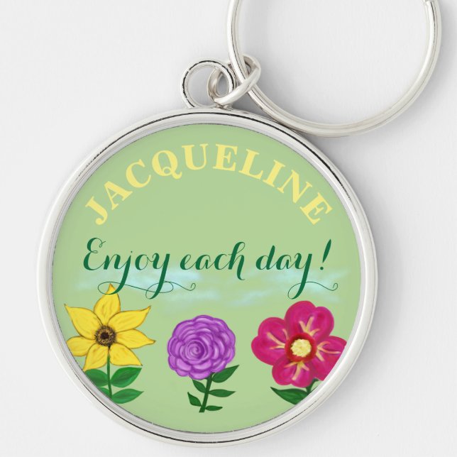 Personlig Namn Gult Lila Fuchsia Flowers Rund Silverfärgad Nyckelring (Framsidan)
