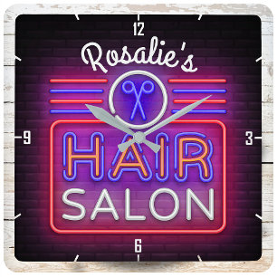 Personlig NAMN Hair Salon Stylist Neon Stil Fyrkantig Klocka
