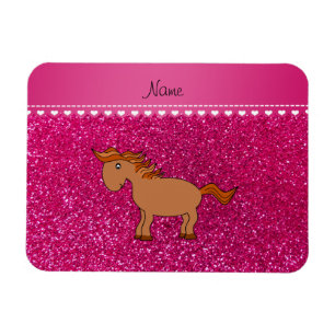 Personlig namn häst neon shock rosa glitter magnet