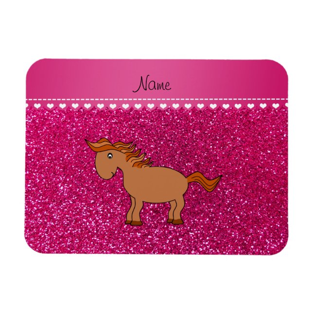 Personlig namn häst neon shock rosa glitter magnet (Horisontell)