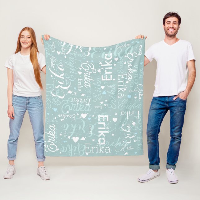 Personlig Namn Hearts Romantic all-over blue Fleecefilt (På plats)
