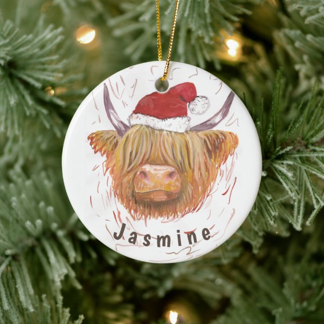 Personlig Namn Highland Cow med julklapp Julgransprydnad Keramik (Träd)