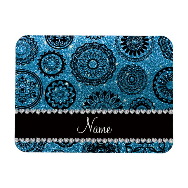 Personlig namn himlar (blåblåa glitter mandalas) magnet (Horisontell)