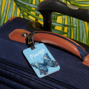 Personlig Namn Himmel Blue Tropical Butterfly Bagagebricka