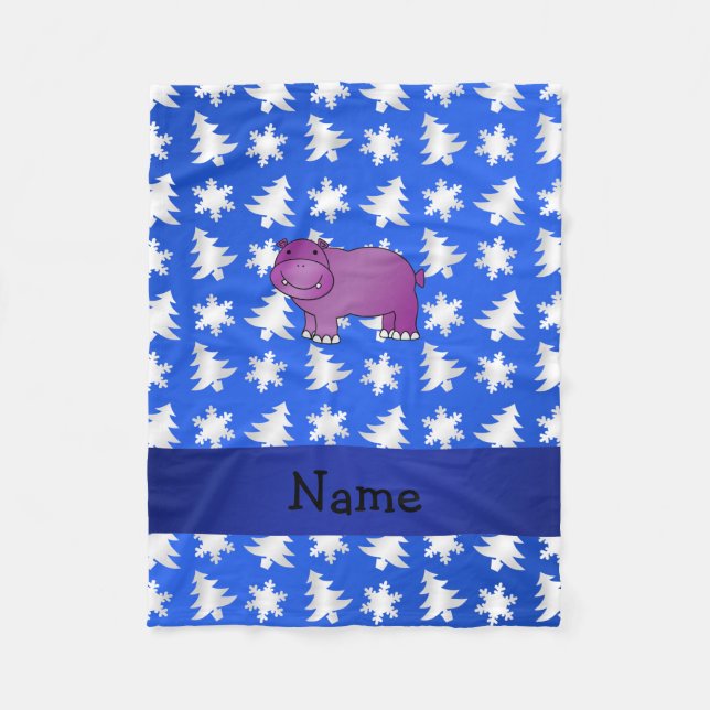 Personlig namn hippo blue snöflingor träd fleecefilt (Framsidan)
