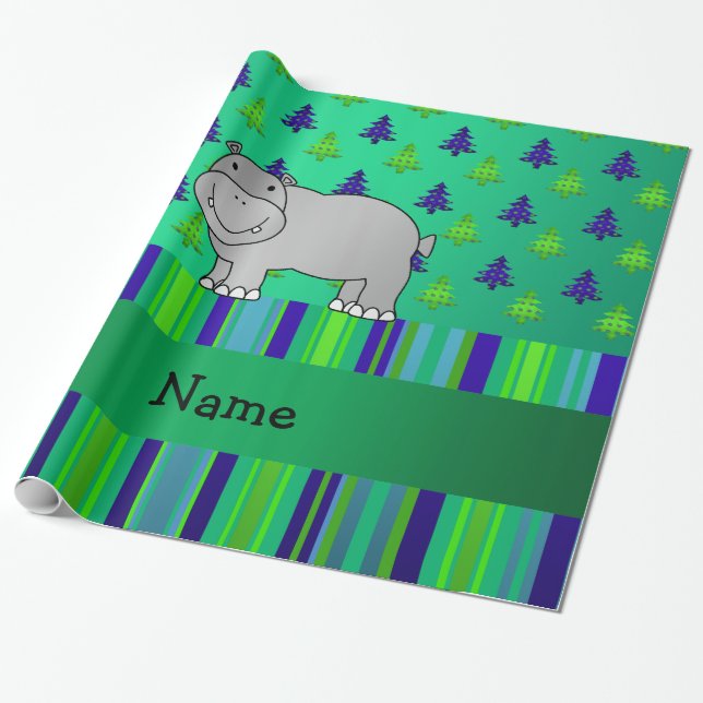 Personlig namn hippo grönt blue rand presentpapper (Utrullad)