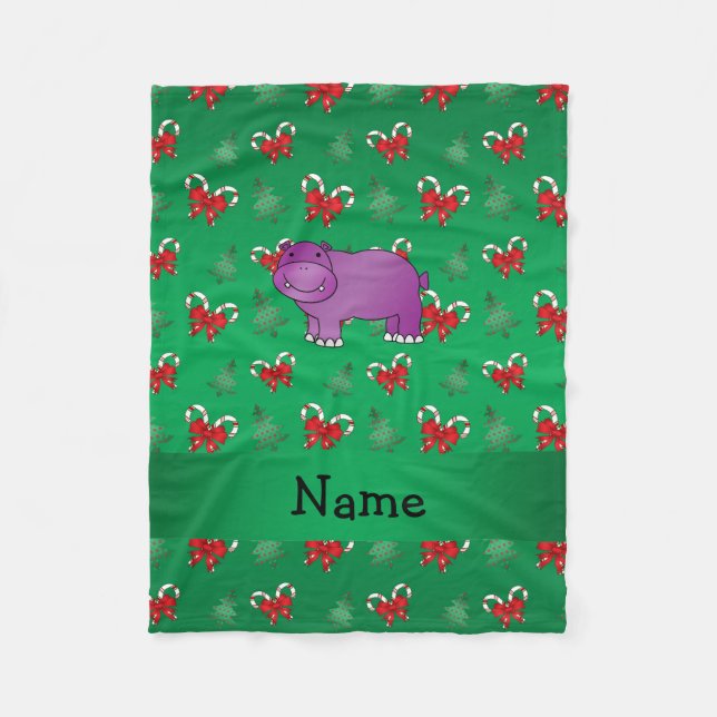 Personlig namn hippo grönt polkagrisar box fleecefilt (Framsidan)