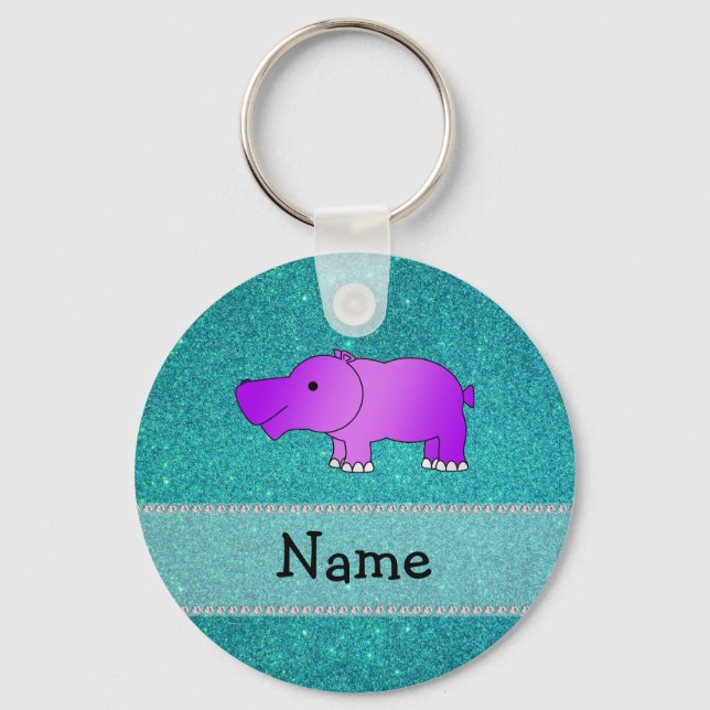 Personlig namn hippo turquise glitter nyckelring (Framsida)