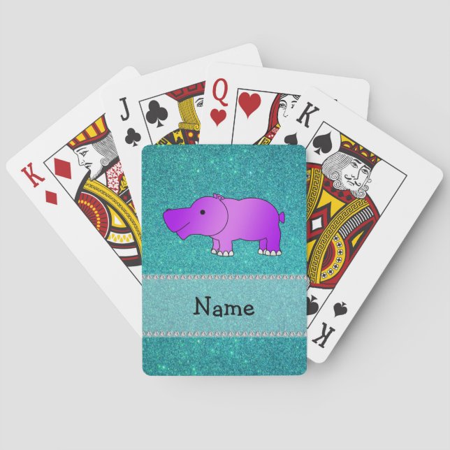 Personlig namn hippo turquise glitter spelkort (Baksidan)