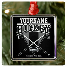 Personlig NAMN Hockey Player Stick Puck Team Julgransprydnad Metall