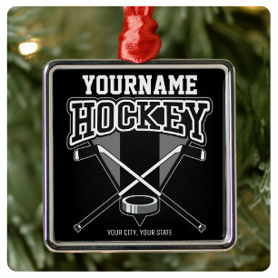 Personlig NAMN Hockey Player Stick Puck Team Julgransprydnad Metall