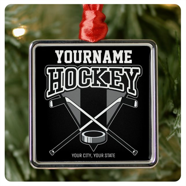 Personlig NAMN Hockey Player Stick Puck Team Julgransprydnad Metall (Skapare uppladdad)