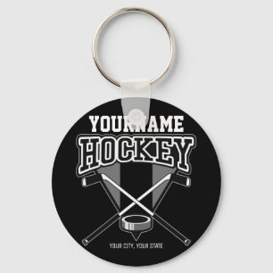 Personlig NAMN Hockey Player Stick Puck Team Nyckelring