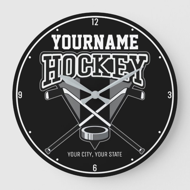 Personlig NAMN Hockey Player Stick Puck Team Stor Klocka (Framsida)