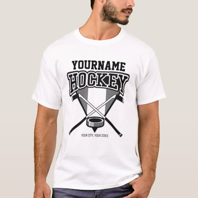 Personlig NAMN Hockey Player Stick Puck Team T Shirt (Framsida)