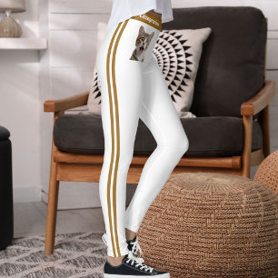 Personlig Namn Husdjur Katt Foto Brun Ränder Vit Leggings