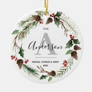 Personlig Namn Initial familj av julkrans Julgransprydnad Keramik