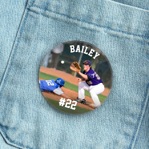 Personlig Namn & Jersey Number Baseball Photo Knapp