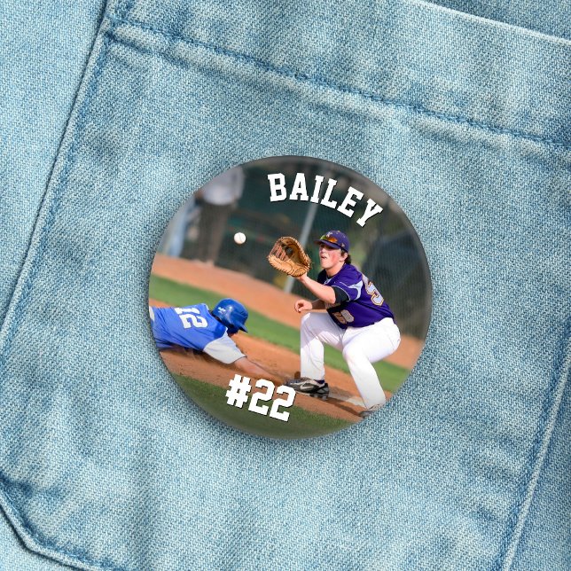 Personlig Namn & Jersey Number Baseball Photo Knapp (Skapare uppladdad)