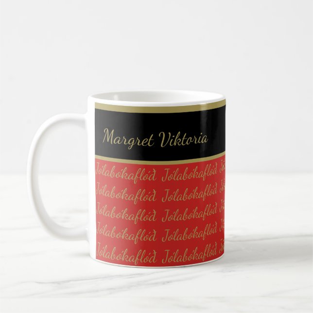 Personlig Namn Jólabókaflóð Red Black Kaffemugg (Vänster)