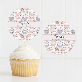 Personlig Namn Kawaii Rutig Cupcake-toppare Runt Klistermärke