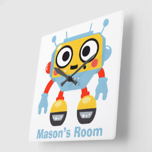 Personlig Namn Kid's Wall Clock Cute Robot Fyrkantig Klocka