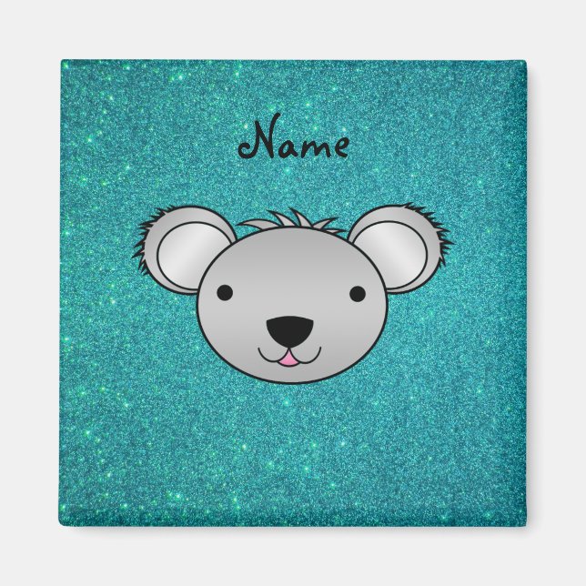 Personlig, namn koala ansikte, turkos glitter magnet (Framsidan)