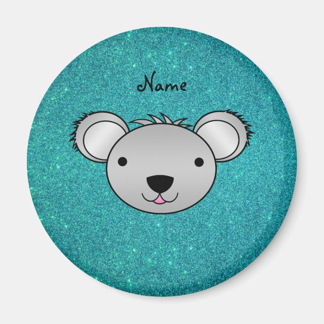 Personlig, namn koala ansikte, turkos glitter magnet (Framsidan)
