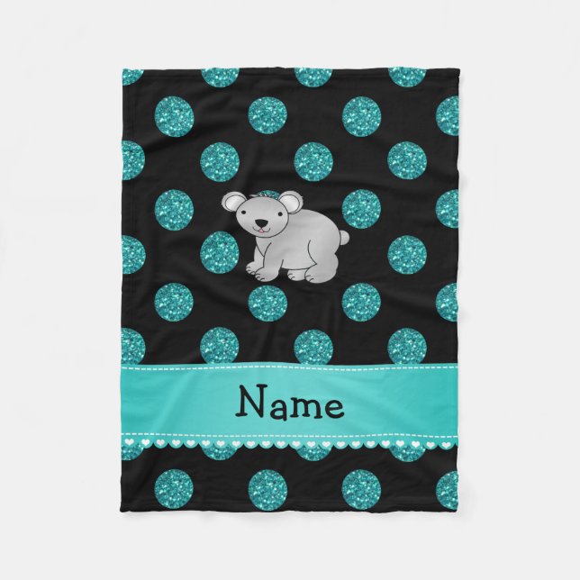 Personlig namn koala turquise polka dots fleecefilt (Framsidan)